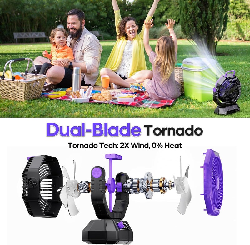 AJVV Camping Fan Rechargeable, Battery Powered Fan With Remote Controller, LED Light, Dual Motors, Stepless Speed, 45°/90°/270° Swing,Timer, Portable fan For Travel/Tent/Beach/Fishing,Violet - Image 2